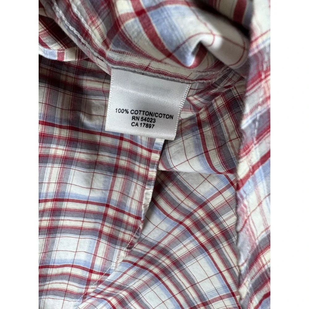 Banana Republic Men Large Plaid Button Down Shirt Red White Blue Roll Tab Cotton
